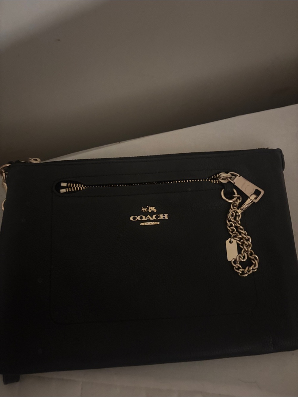 Coach Black Leather clutch with Gold-Tone Chain Accent